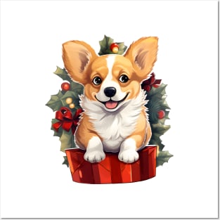 Merry Christmas Happy Corgi with gift Posters and Art